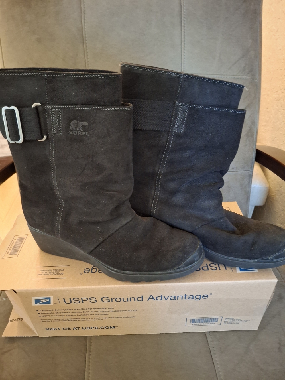 Sorel Toronto Black Suede Wedge Mid-Calf Boots with Buckle Accent Size 10